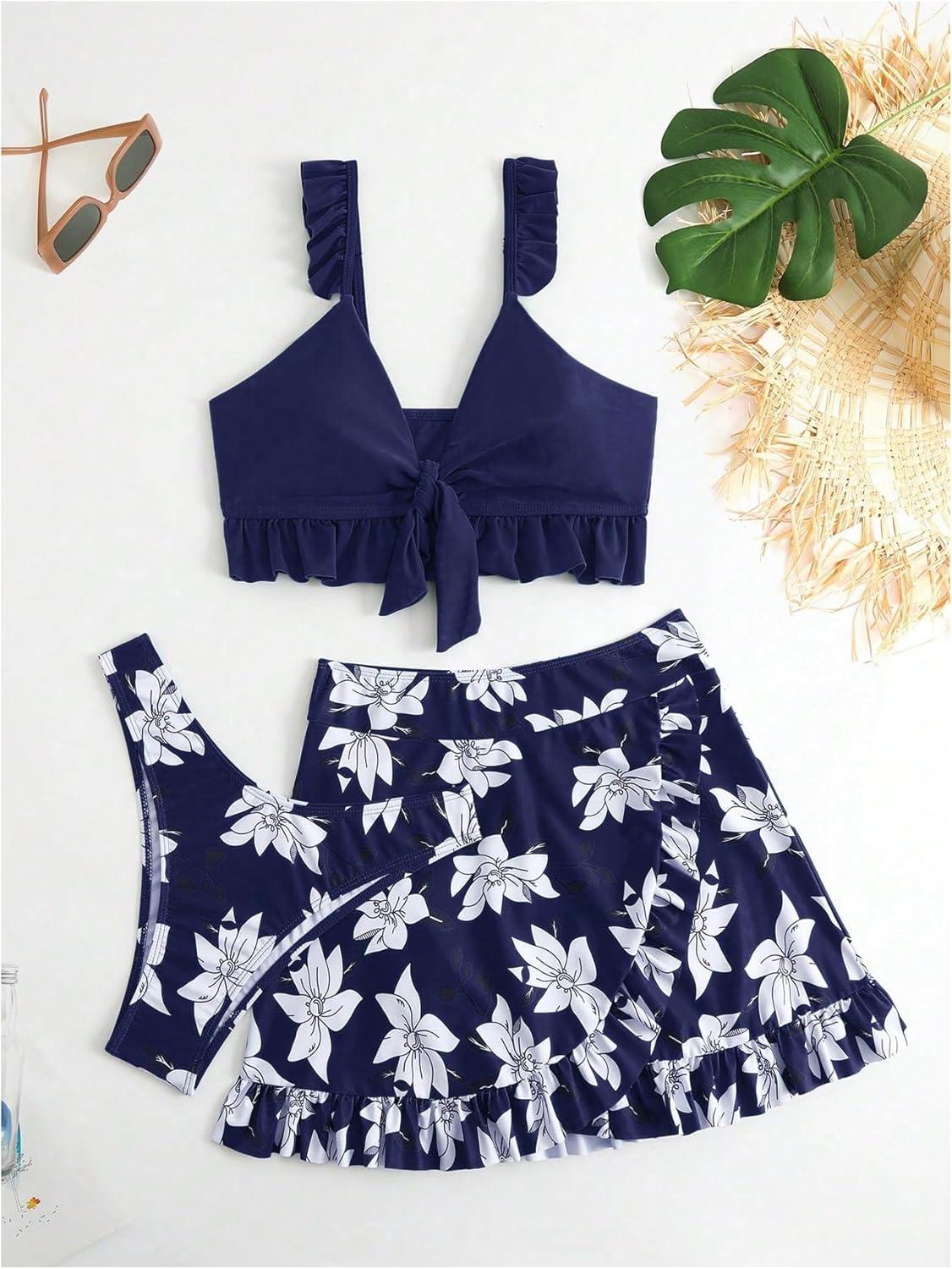 imageSHENHE Womens 3 Piece Swimsuit Knotted Ruffle High Cut Bikini Set with Cover Up SkirtDark Blue