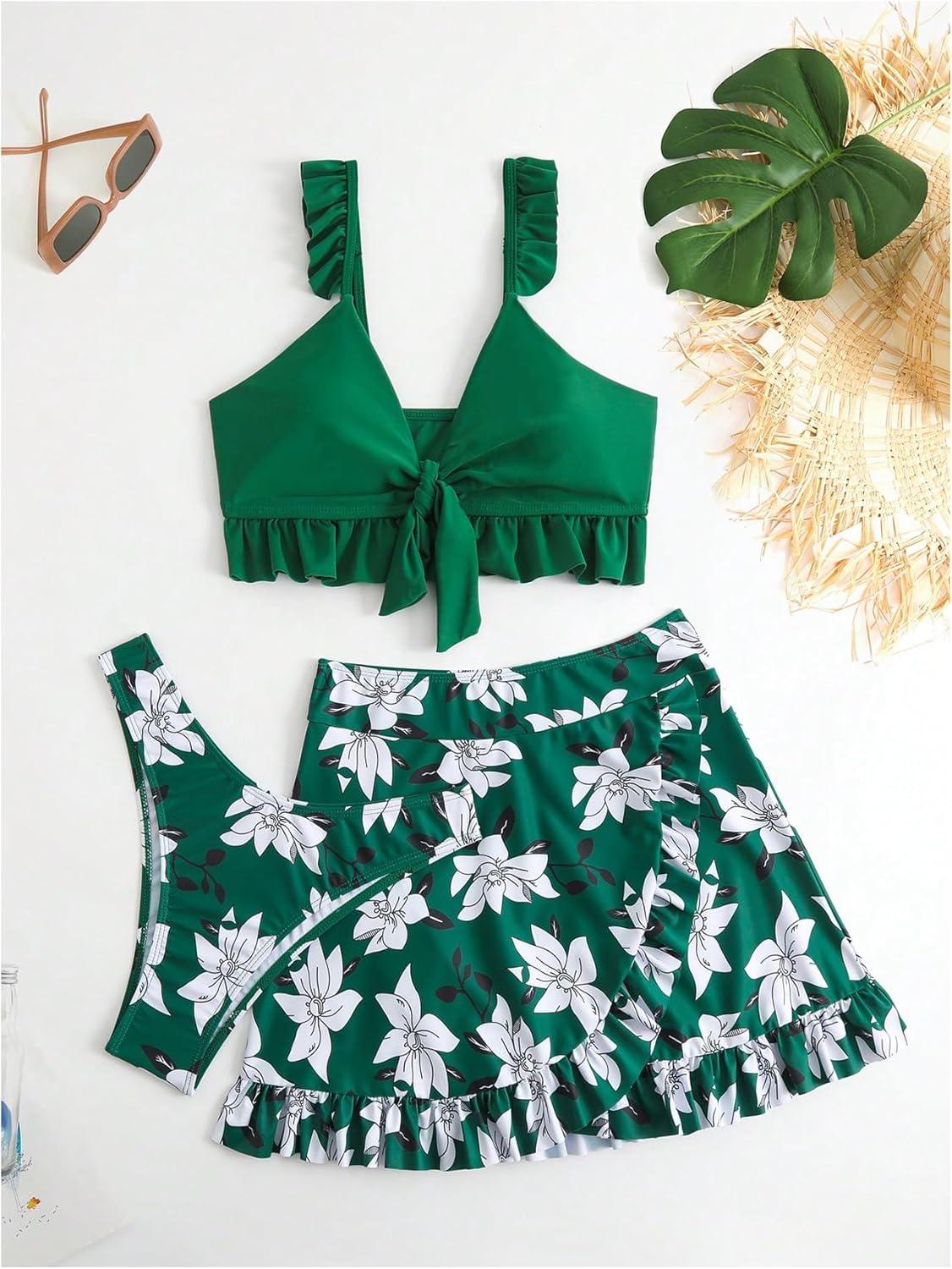 imageSHENHE Womens 3 Piece Swimsuit Knotted Ruffle High Cut Bikini Set with Cover Up SkirtDark Green