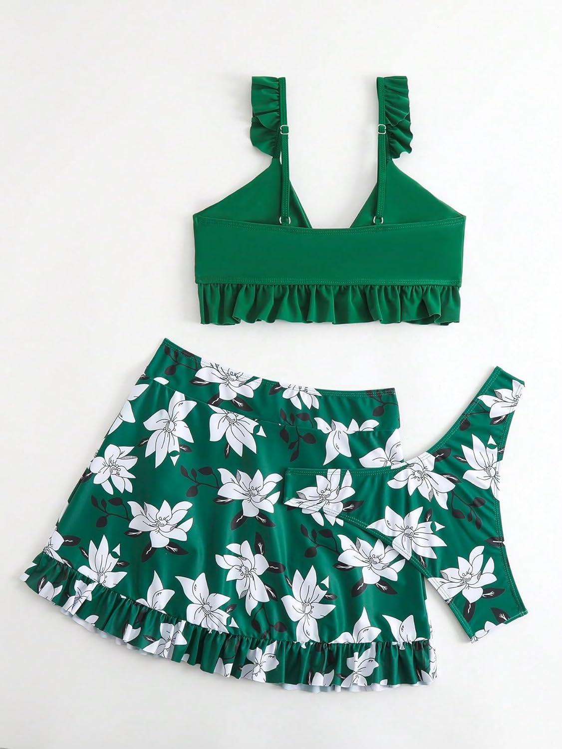 imageSHENHE Womens 3 Piece Swimsuit Knotted Ruffle High Cut Bikini Set with Cover Up SkirtDark Green
