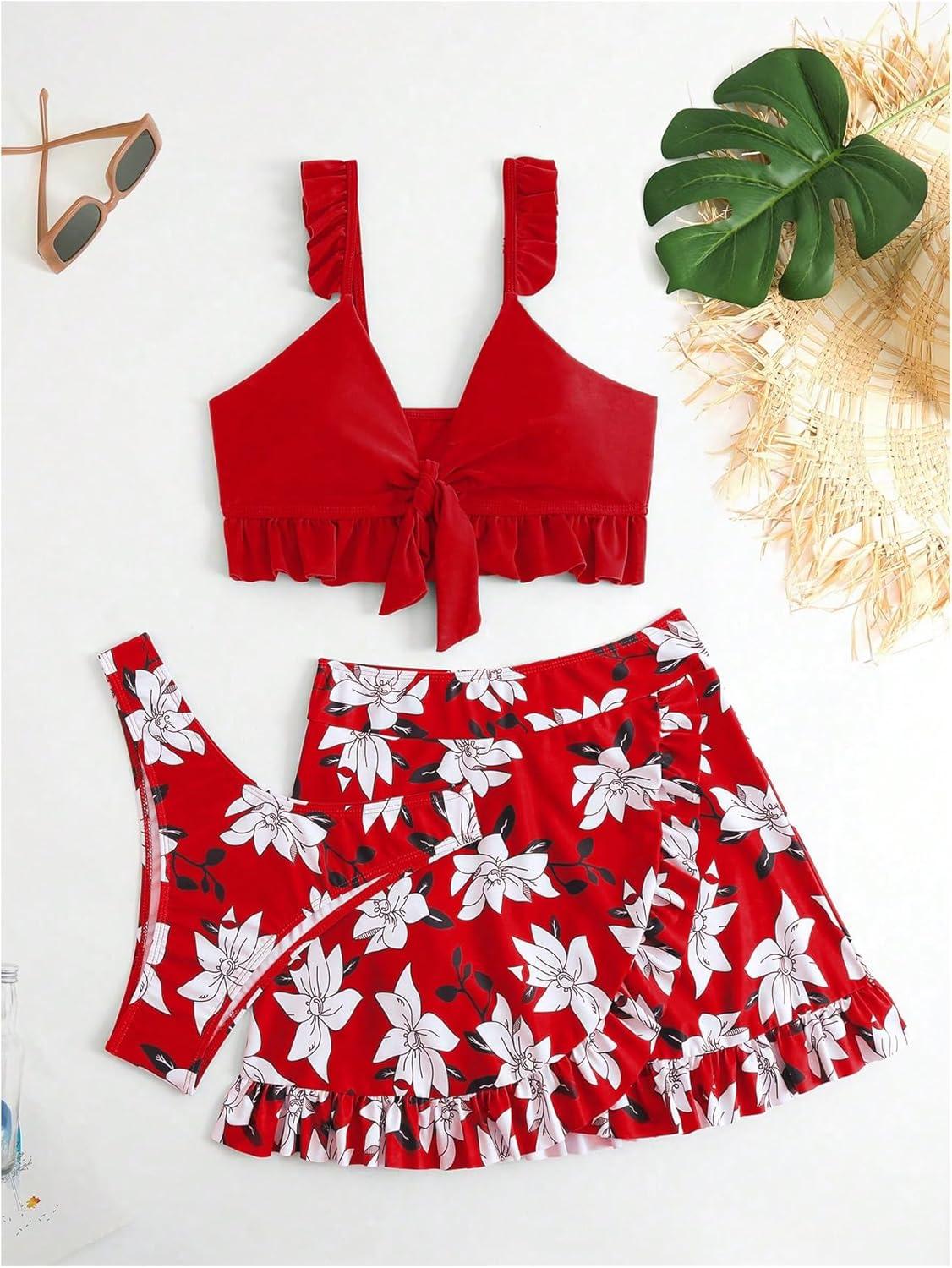 imageSHENHE Womens 3 Piece Swimsuit Knotted Ruffle High Cut Bikini Set with Cover Up SkirtRed