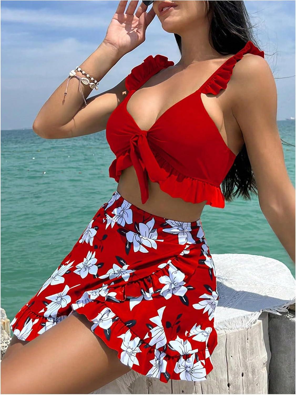 imageSHENHE Womens 3 Piece Swimsuit Knotted Ruffle High Cut Bikini Set with Cover Up SkirtRed