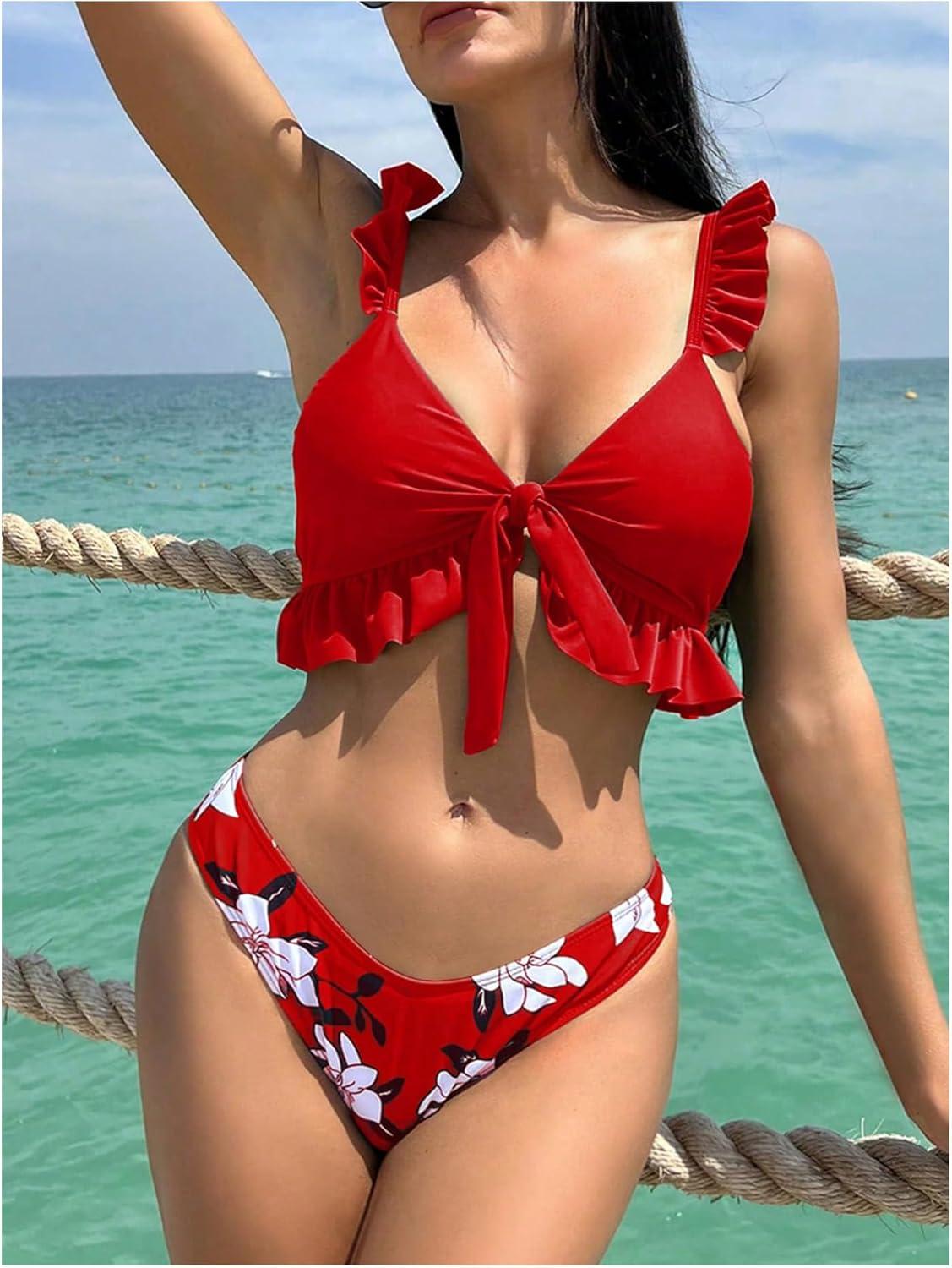 imageSHENHE Womens 3 Piece Swimsuit Knotted Ruffle High Cut Bikini Set with Cover Up SkirtRed