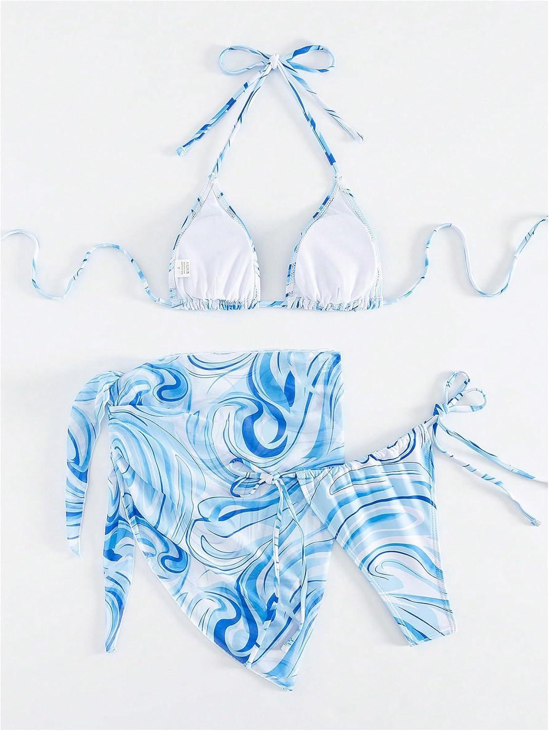 imageSHENHE Womens 3 Piece Swimsuits with Sarong Cover Up Halter Triangle String Bikini SetBlue and White