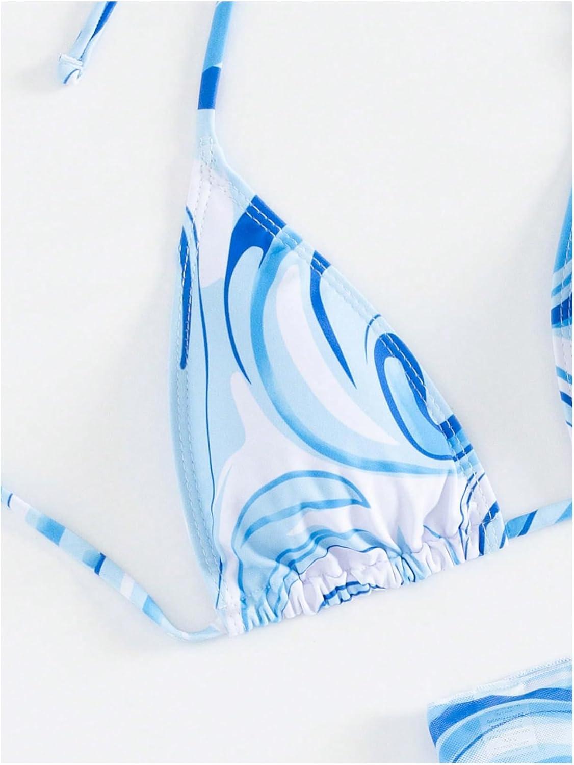 imageSHENHE Womens 3 Piece Swimsuits with Sarong Cover Up Halter Triangle String Bikini SetBlue and White