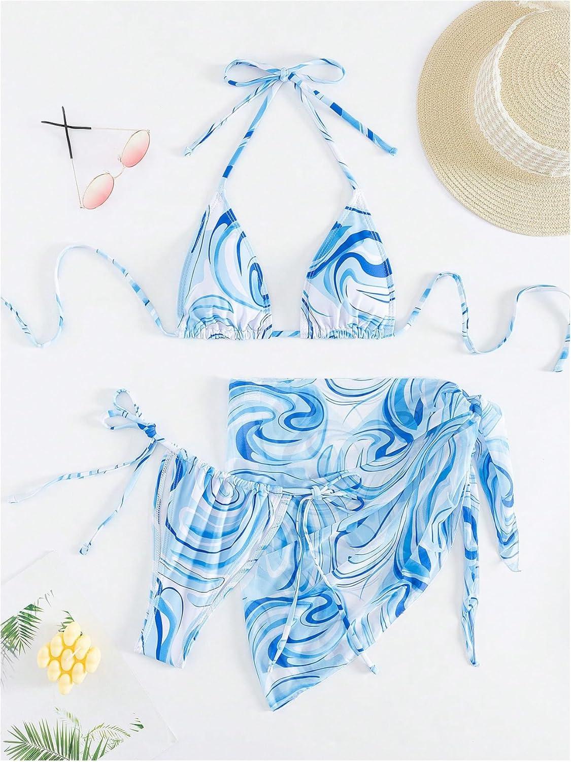 imageSHENHE Womens 3 Piece Swimsuits with Sarong Cover Up Halter Triangle String Bikini SetBlue and White