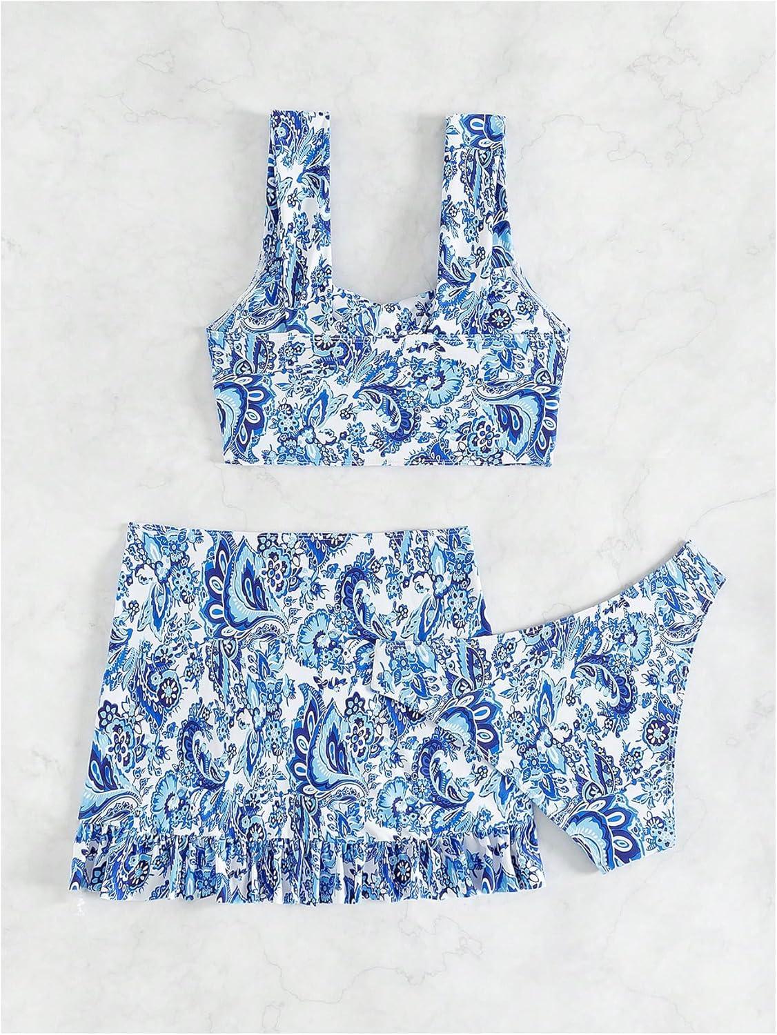 imageSHENHE Womens 3 Piece Tankini Swimsuit Paisley Print Swim Tank Top with Cover Up SkirtBlue