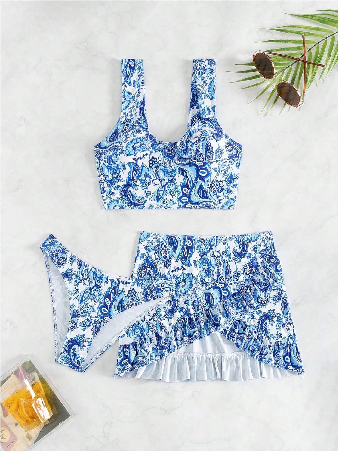 imageSHENHE Womens 3 Piece Tankini Swimsuit Paisley Print Swim Tank Top with Cover Up SkirtBlue