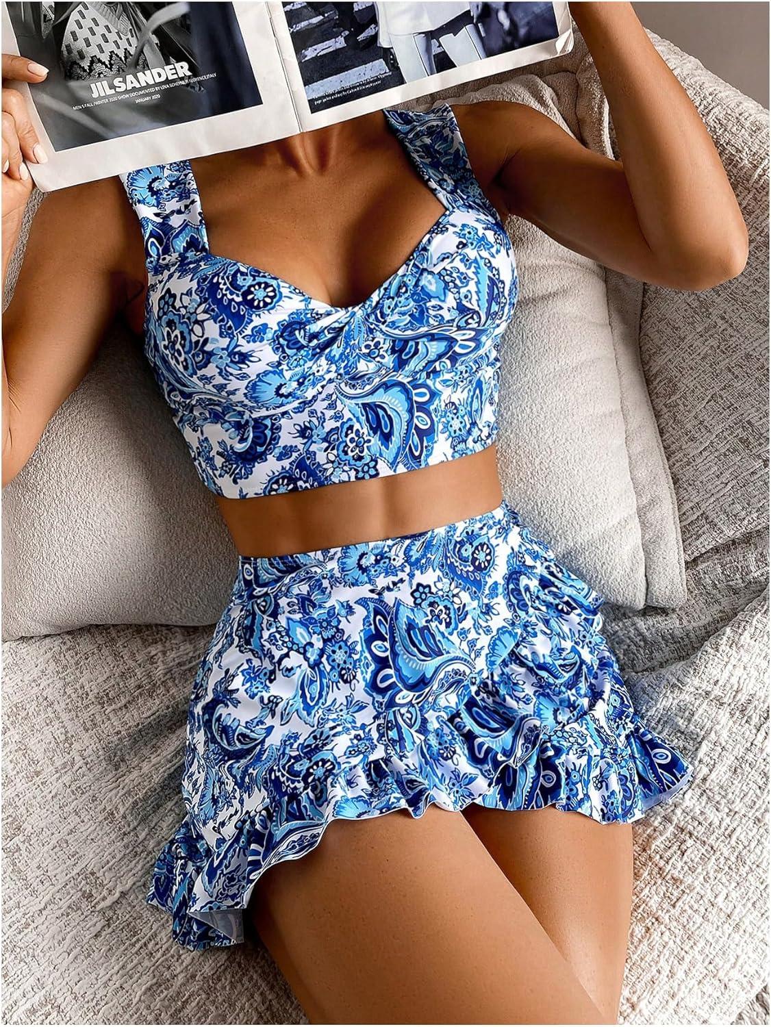 imageSHENHE Womens 3 Piece Tankini Swimsuit Paisley Print Swim Tank Top with Cover Up SkirtBlue
