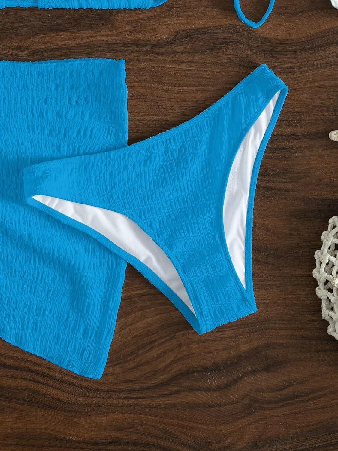 imageSHENHE Womens 3 Piece Textured High Cut Halter Triangle Bikini Swimsuit with Cover UpAzure Blue