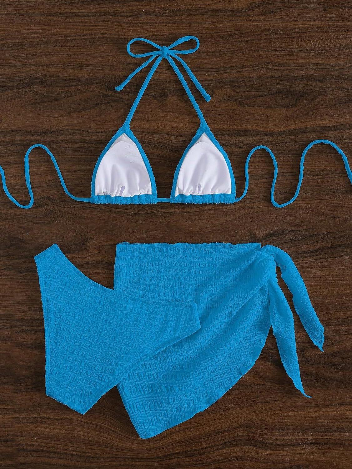imageSHENHE Womens 3 Piece Textured High Cut Halter Triangle Bikini Swimsuit with Cover UpAzure Blue