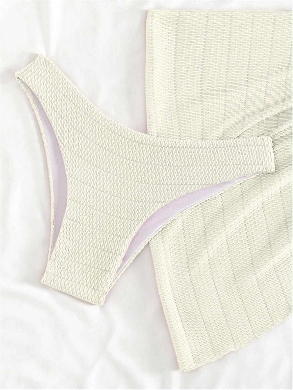 imageSHENHE Womens 3 Piece Textured High Cut Halter Triangle Bikini Swimsuit with Cover UpBeige a