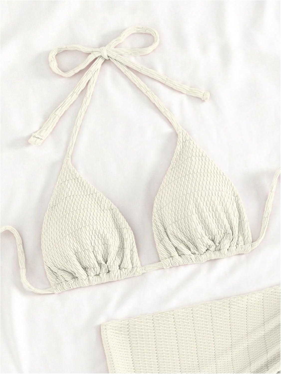 imageSHENHE Womens 3 Piece Textured High Cut Halter Triangle Bikini Swimsuit with Cover UpBeige a
