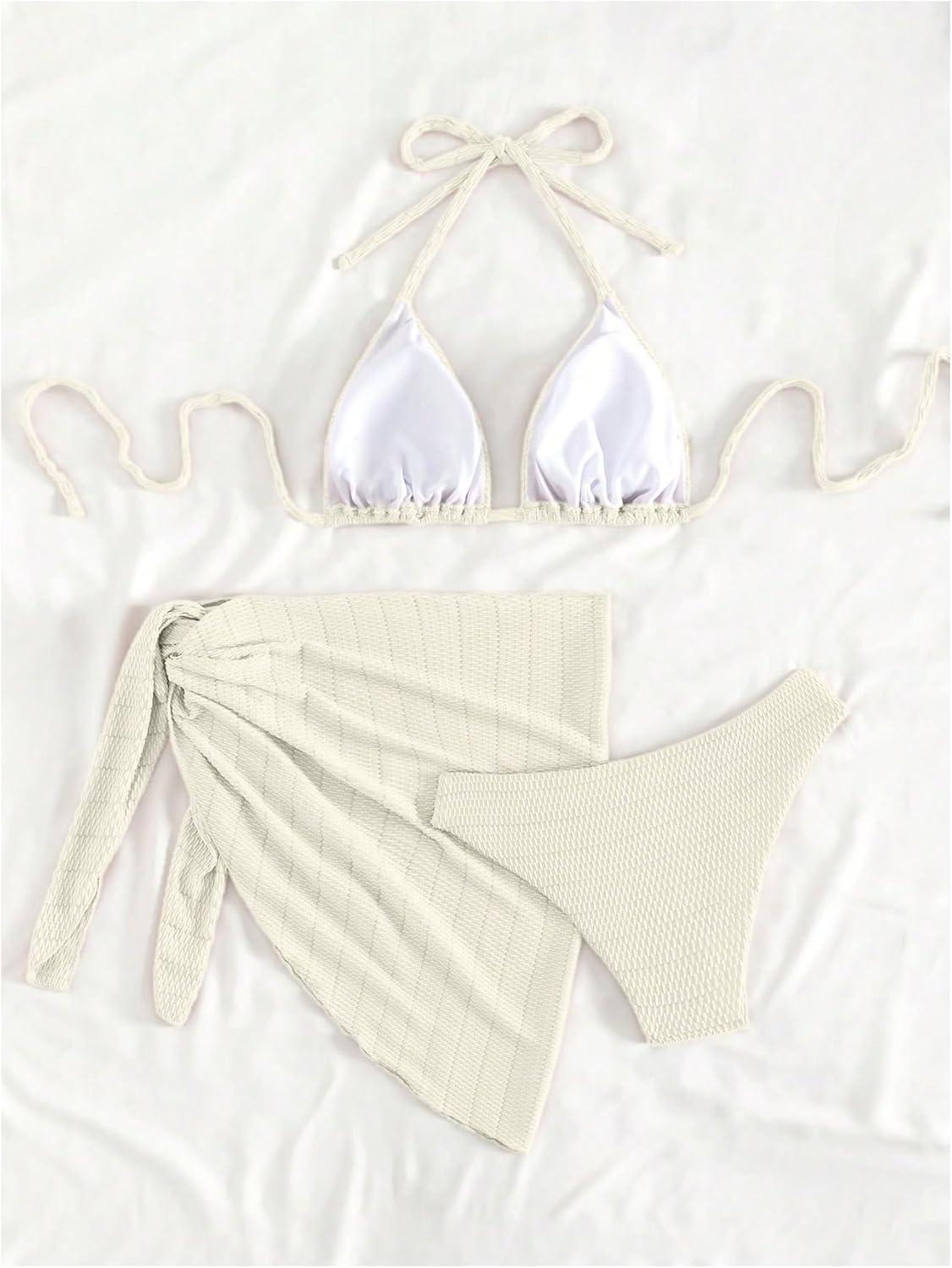 imageSHENHE Womens 3 Piece Textured High Cut Halter Triangle Bikini Swimsuit with Cover UpBeige a