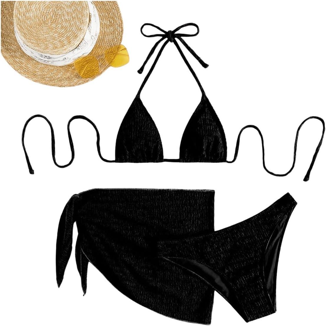 imageSHENHE Womens 3 Piece Textured High Cut Halter Triangle Bikini Swimsuit with Cover UpBlack