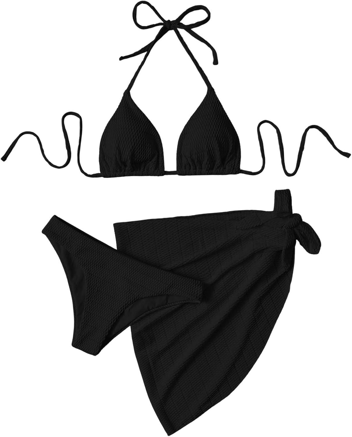 imageSHENHE Womens 3 Piece Textured High Cut Halter Triangle Bikini Swimsuit with Cover UpBlack Plain