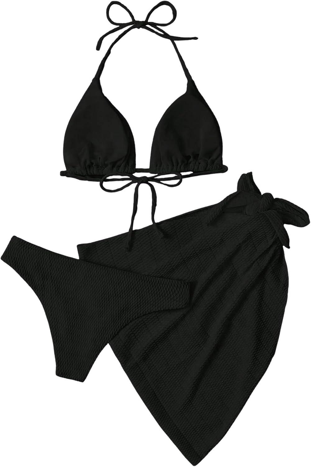 imageSHENHE Womens 3 Piece Textured High Cut Halter Triangle Bikini Swimsuit with Cover UpBlack Plain