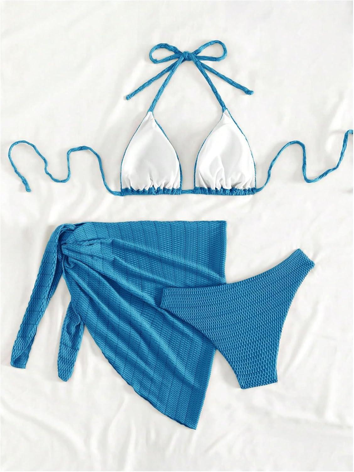 imageSHENHE Womens 3 Piece Textured High Cut Halter Triangle Bikini Swimsuit with Cover UpBlue