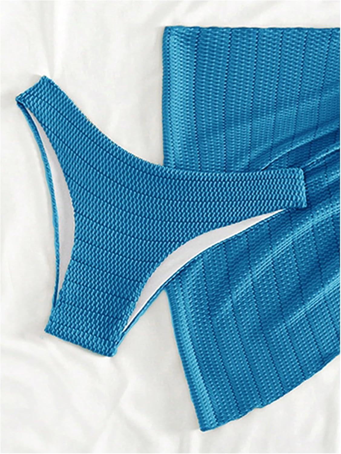 imageSHENHE Womens 3 Piece Textured High Cut Halter Triangle Bikini Swimsuit with Cover UpBlue