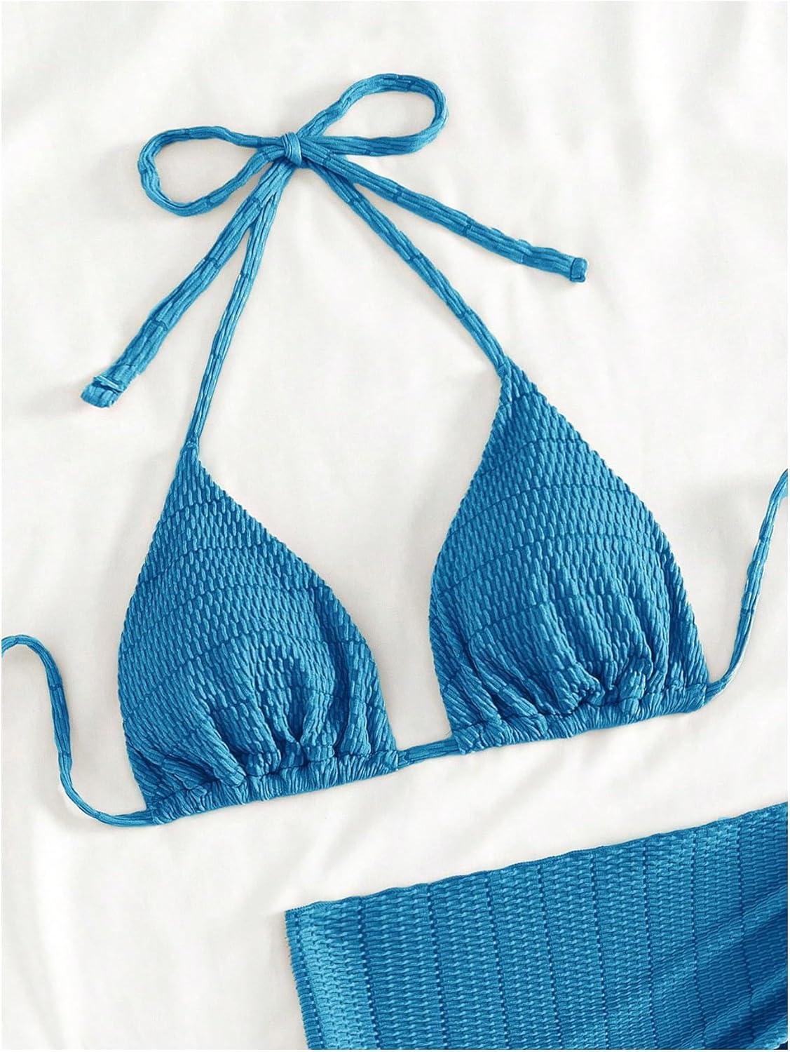 imageSHENHE Womens 3 Piece Textured High Cut Halter Triangle Bikini Swimsuit with Cover UpBlue