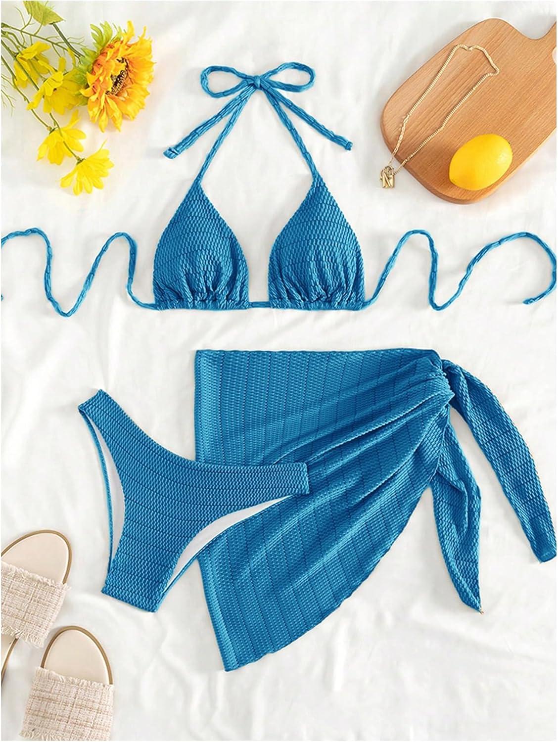imageSHENHE Womens 3 Piece Textured High Cut Halter Triangle Bikini Swimsuit with Cover UpBlue