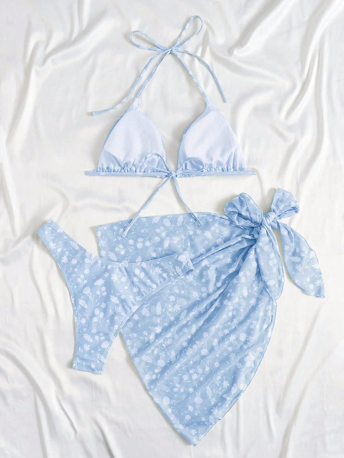 imageSHENHE Womens 3 Piece Textured High Cut Halter Triangle Bikini Swimsuit with Cover UpBlue and White