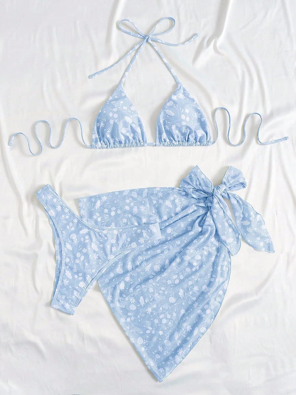 imageSHENHE Womens 3 Piece Textured High Cut Halter Triangle Bikini Swimsuit with Cover UpBlue and White