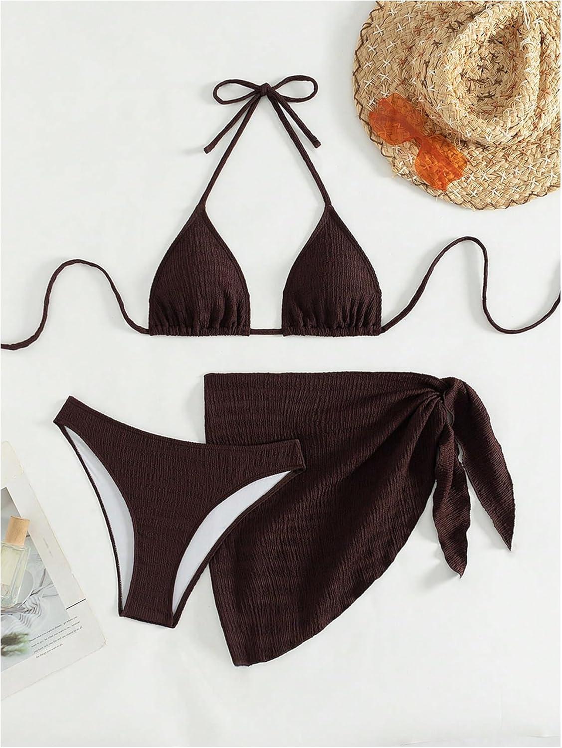 imageSHENHE Womens 3 Piece Textured High Cut Halter Triangle Bikini Swimsuit with Cover UpBrown