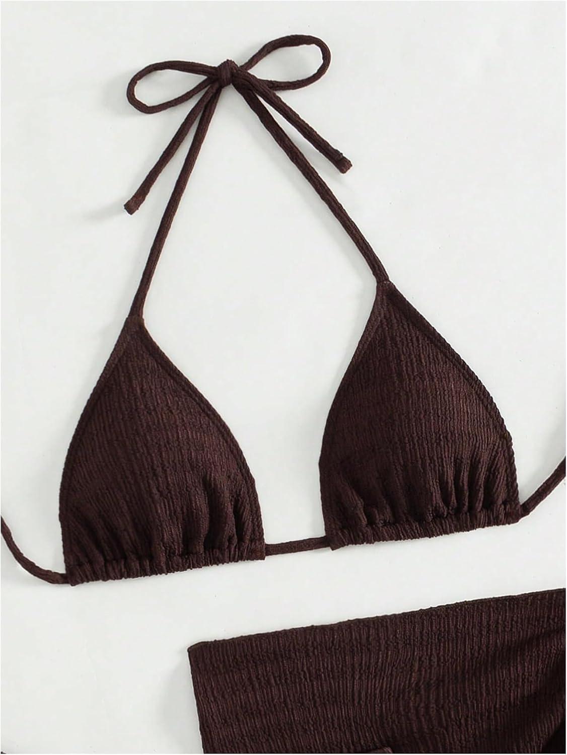 imageSHENHE Womens 3 Piece Textured High Cut Halter Triangle Bikini Swimsuit with Cover UpBrown