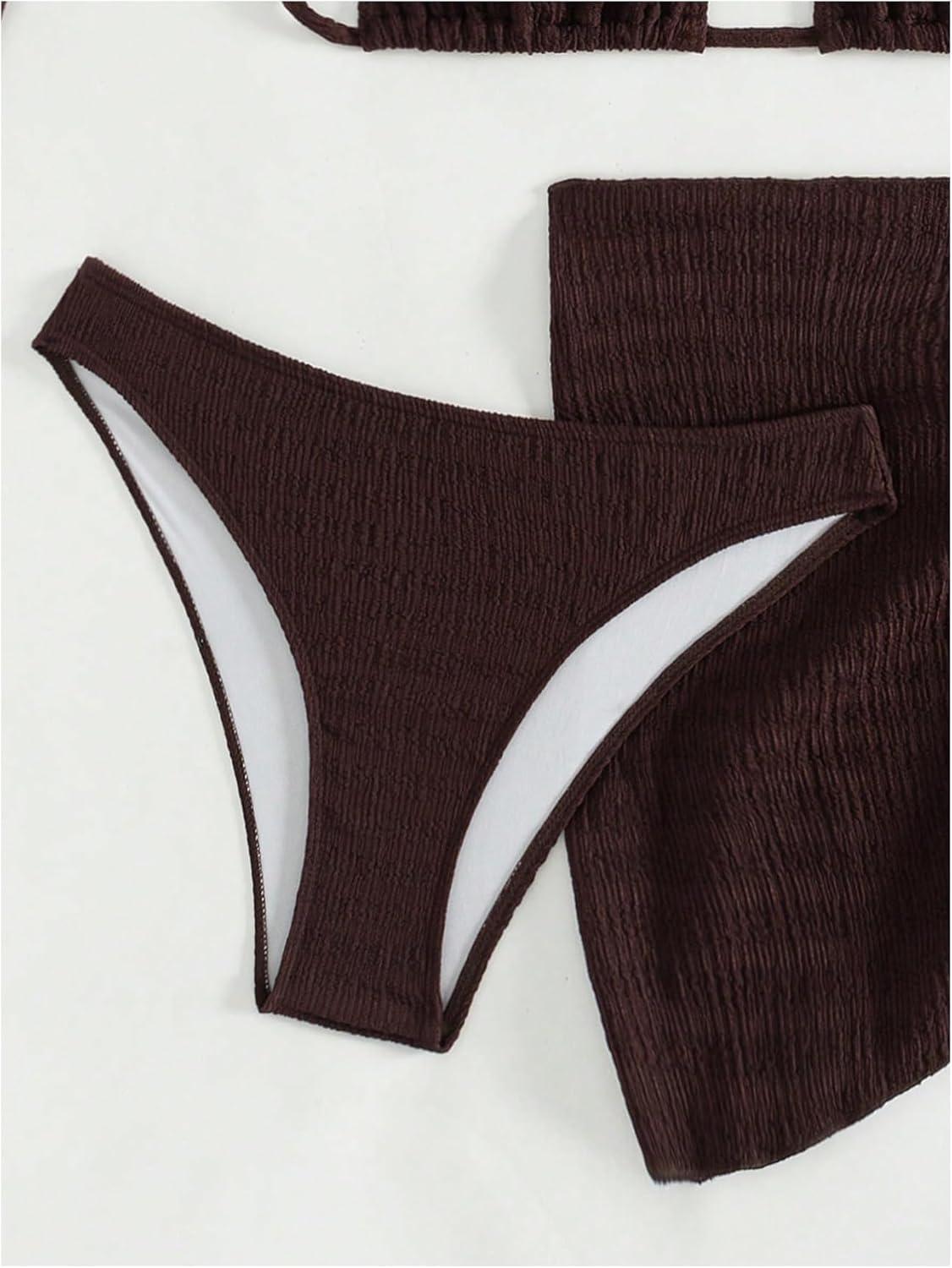 imageSHENHE Womens 3 Piece Textured High Cut Halter Triangle Bikini Swimsuit with Cover UpBrown