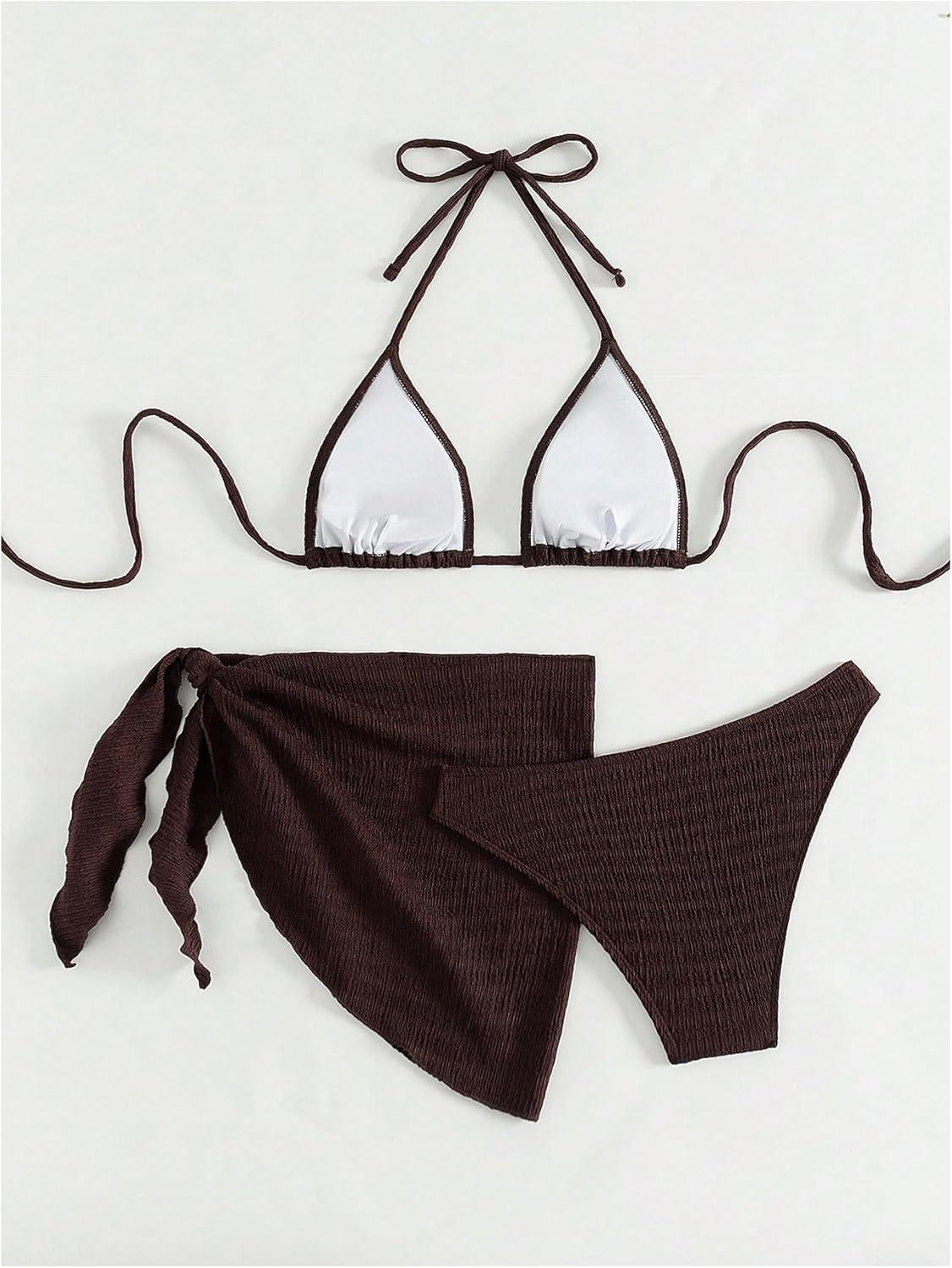 imageSHENHE Womens 3 Piece Textured High Cut Halter Triangle Bikini Swimsuit with Cover UpBrown