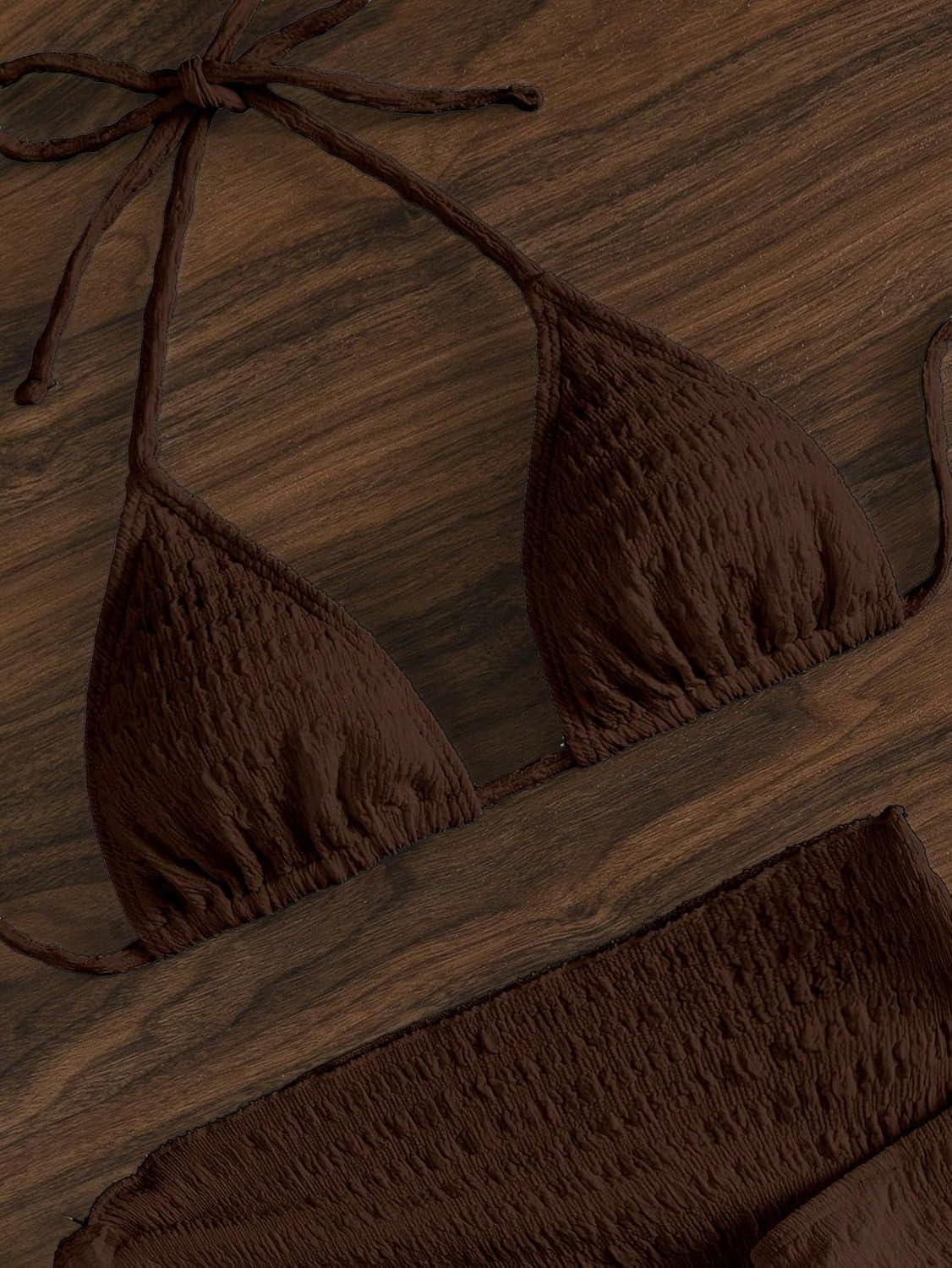 imageSHENHE Womens 3 Piece Textured High Cut Halter Triangle Bikini Swimsuit with Cover UpChocolate Brown
