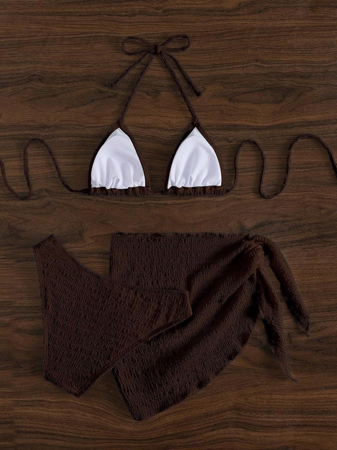 imageSHENHE Womens 3 Piece Textured High Cut Halter Triangle Bikini Swimsuit with Cover UpChocolate Brown