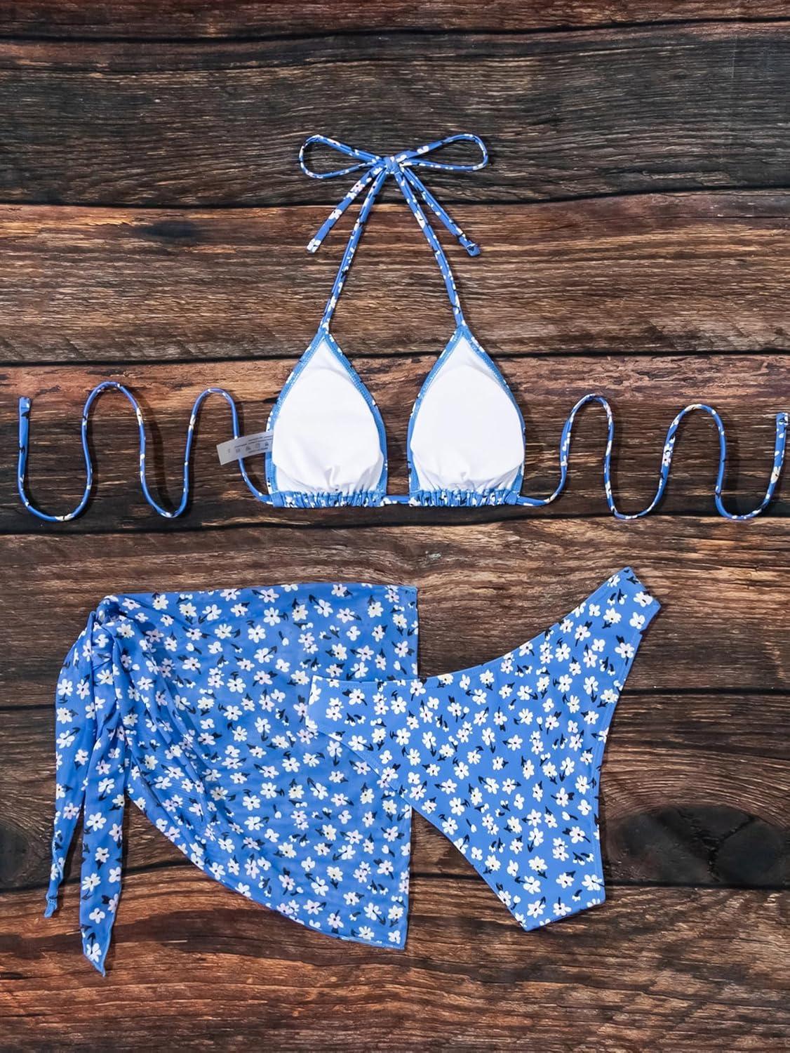 imageSHENHE Womens 3 Piece Textured High Cut Halter Triangle Bikini Swimsuit with Cover UpFloral Blue White