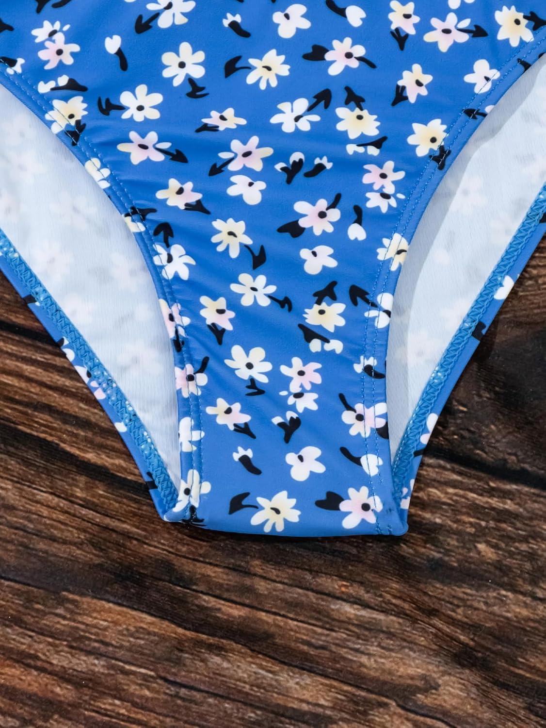 imageSHENHE Womens 3 Piece Textured High Cut Halter Triangle Bikini Swimsuit with Cover UpFloral Blue White