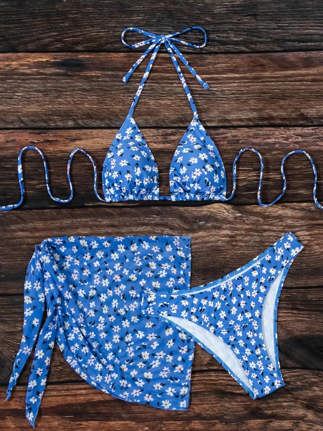 imageSHENHE Womens 3 Piece Textured High Cut Halter Triangle Bikini Swimsuit with Cover UpFloral Blue White