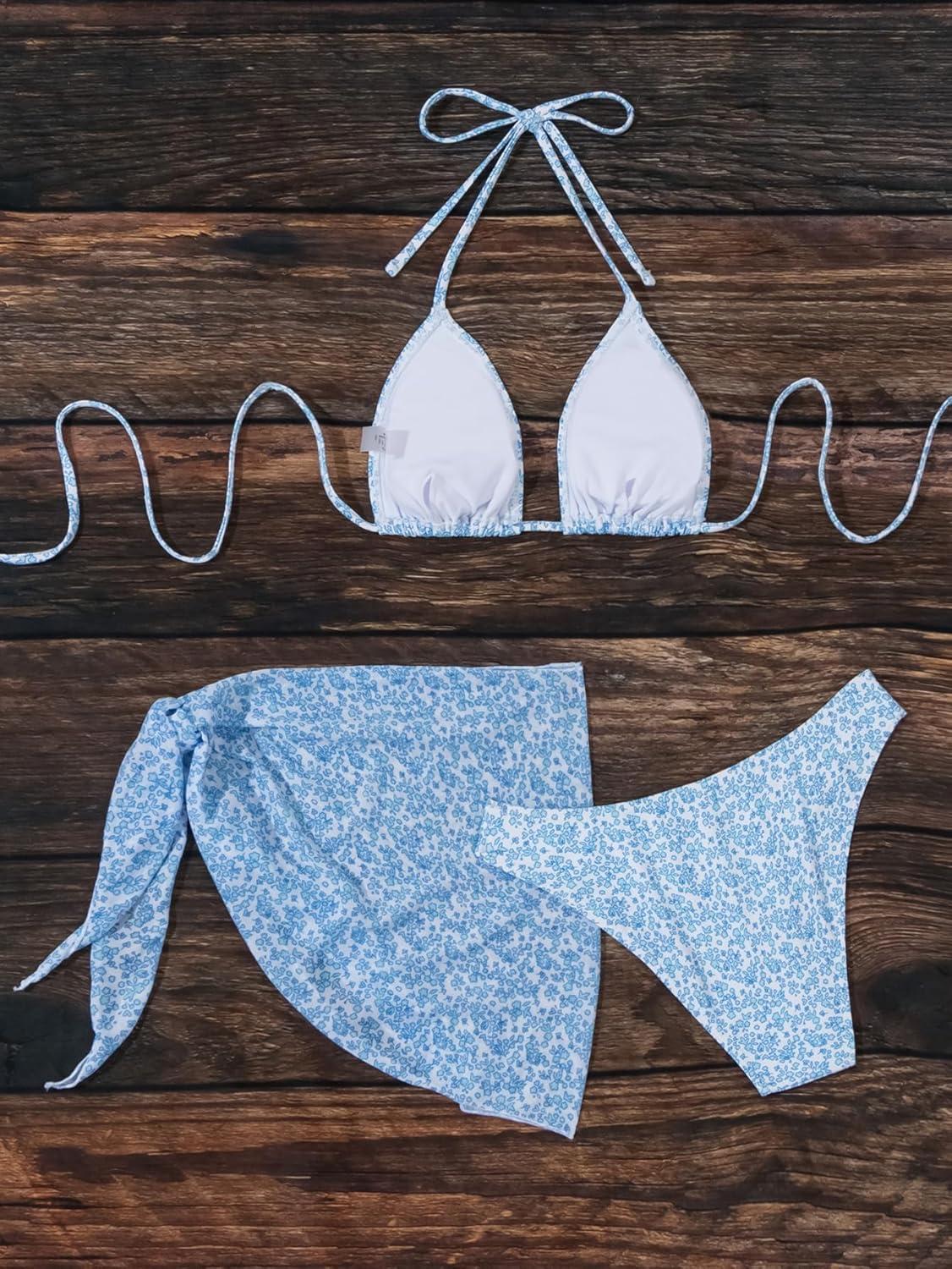 imageSHENHE Womens 3 Piece Textured High Cut Halter Triangle Bikini Swimsuit with Cover UpFloral Light Blue