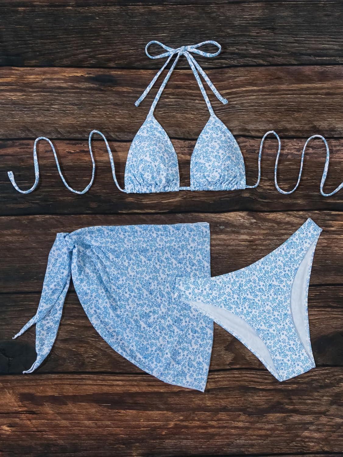 imageSHENHE Womens 3 Piece Textured High Cut Halter Triangle Bikini Swimsuit with Cover UpFloral Light Blue