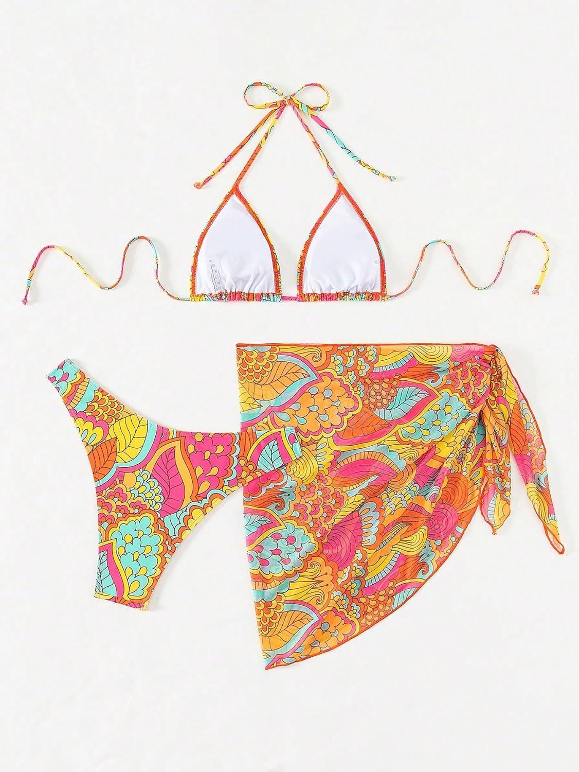 imageSHENHE Womens 3 Piece Textured High Cut Halter Triangle Bikini Swimsuit with Cover UpFloral Pink Multi