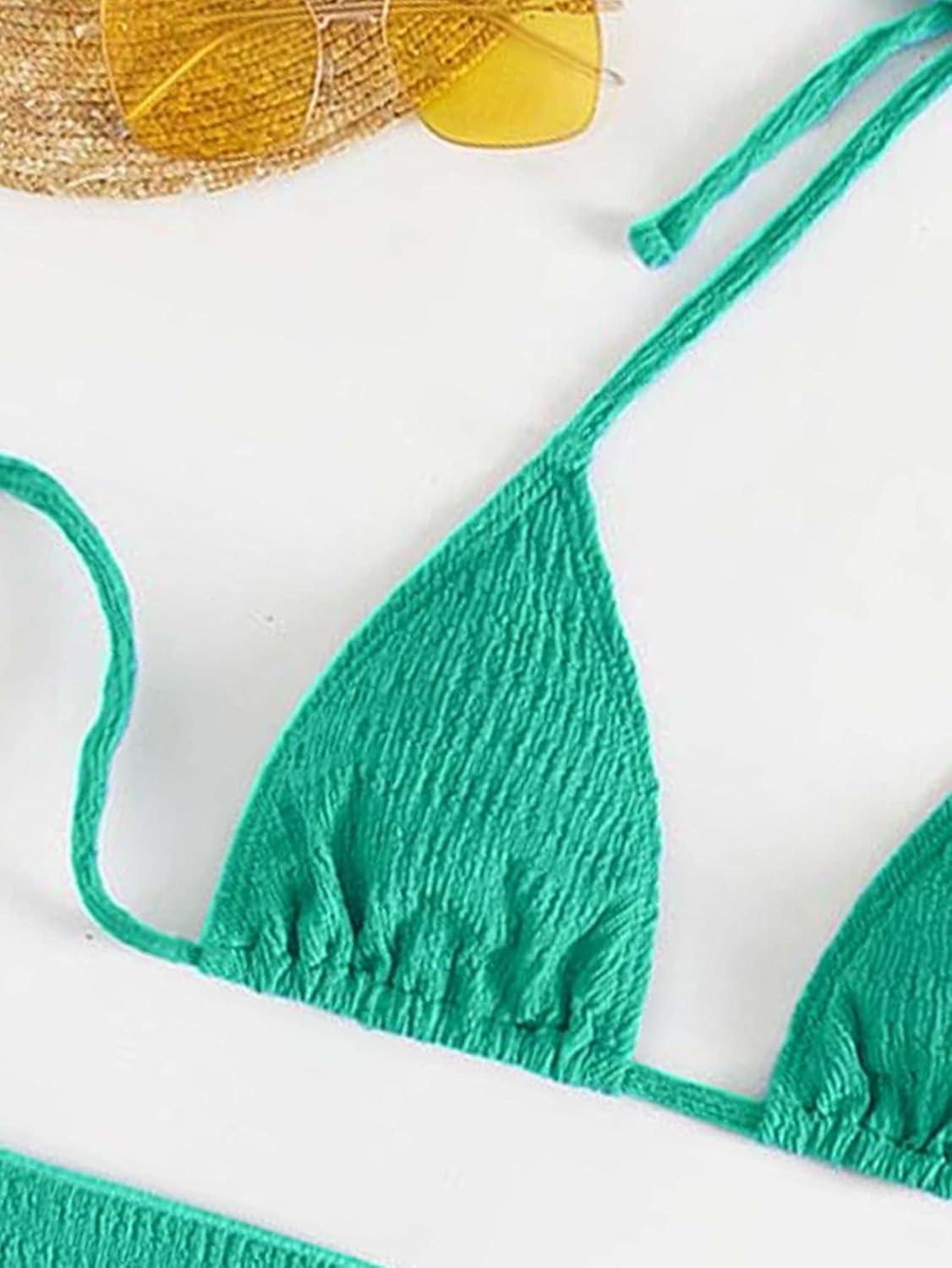 imageSHENHE Womens 3 Piece Textured High Cut Halter Triangle Bikini Swimsuit with Cover UpGreen