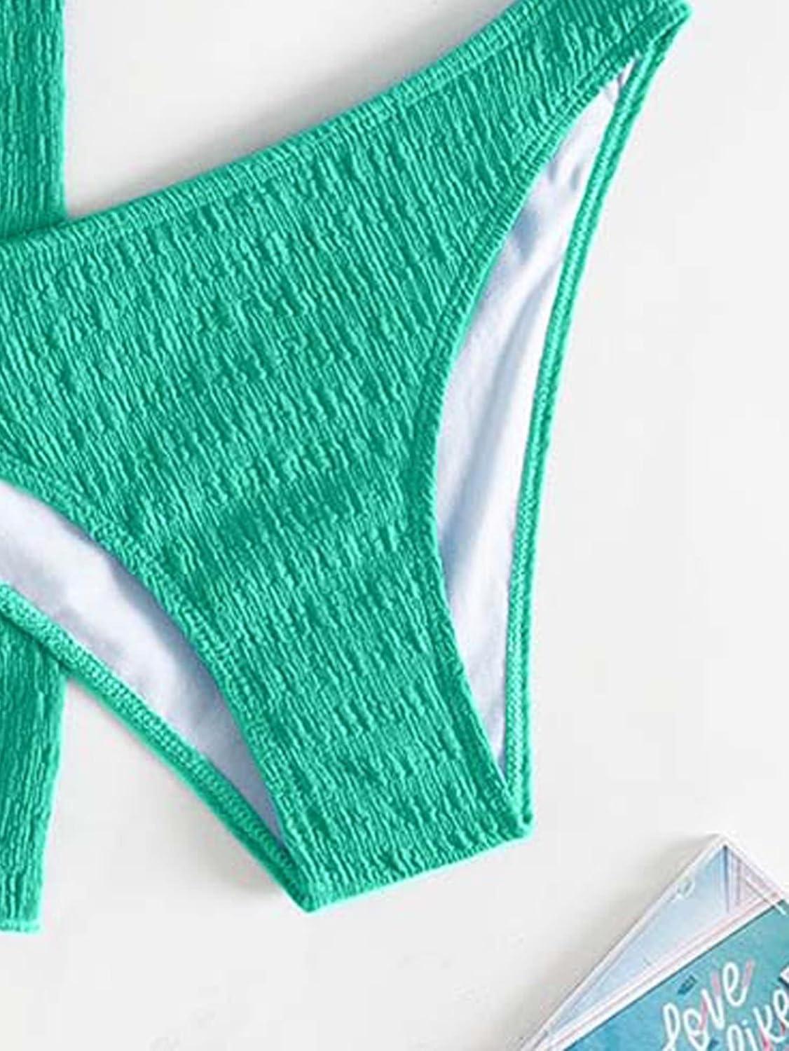 imageSHENHE Womens 3 Piece Textured High Cut Halter Triangle Bikini Swimsuit with Cover UpGreen