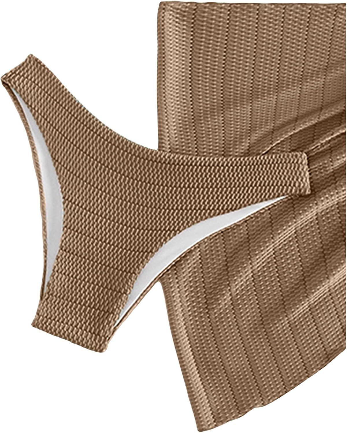 imageSHENHE Womens 3 Piece Textured High Cut Halter Triangle Bikini Swimsuit with Cover UpKhaki