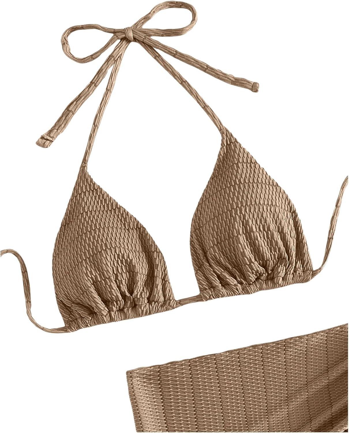 imageSHENHE Womens 3 Piece Textured High Cut Halter Triangle Bikini Swimsuit with Cover UpKhaki