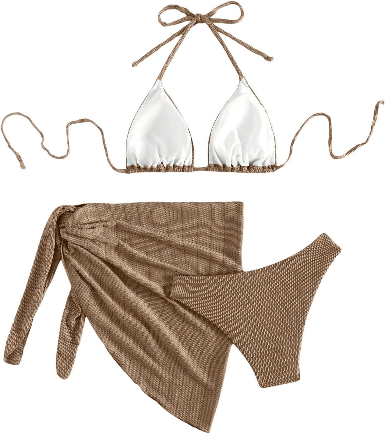 imageSHENHE Womens 3 Piece Textured High Cut Halter Triangle Bikini Swimsuit with Cover UpKhaki