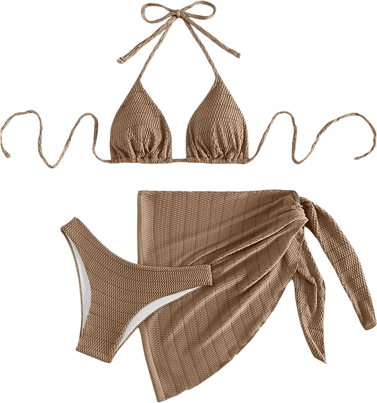 imageSHENHE Womens 3 Piece Textured High Cut Halter Triangle Bikini Swimsuit with Cover UpKhaki