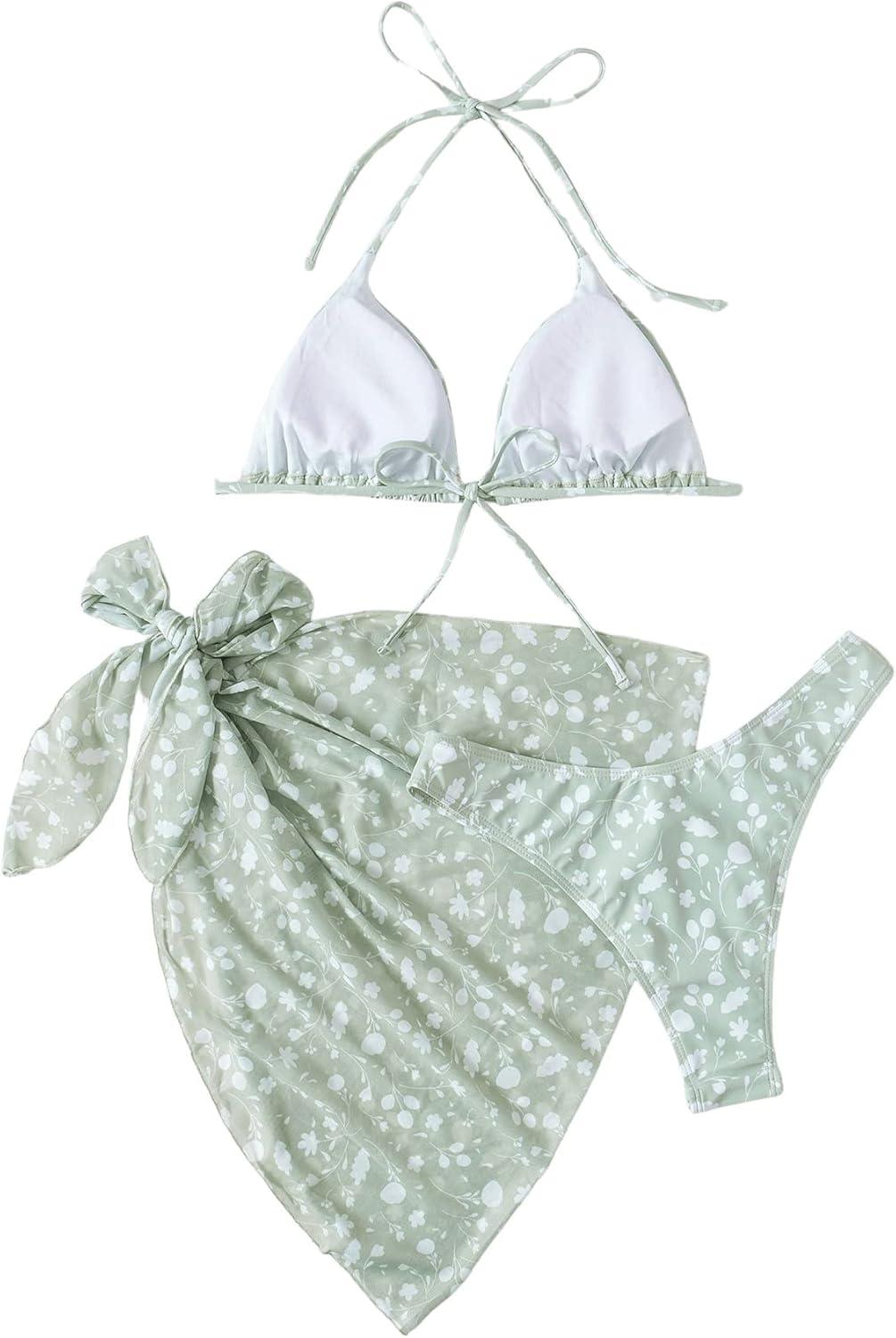 imageSHENHE Womens 3 Piece Textured High Cut Halter Triangle Bikini Swimsuit with Cover UpLight Green