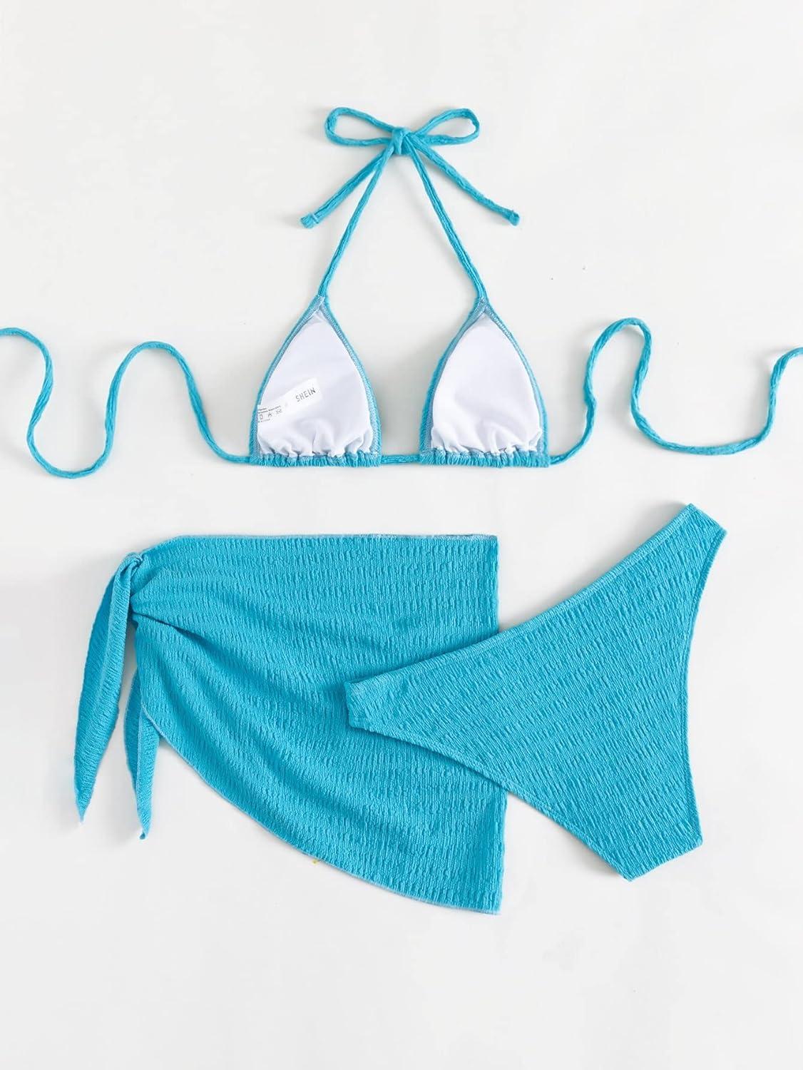 imageSHENHE Womens 3 Piece Textured High Cut Halter Triangle Bikini Swimsuit with Cover UpMint Blue