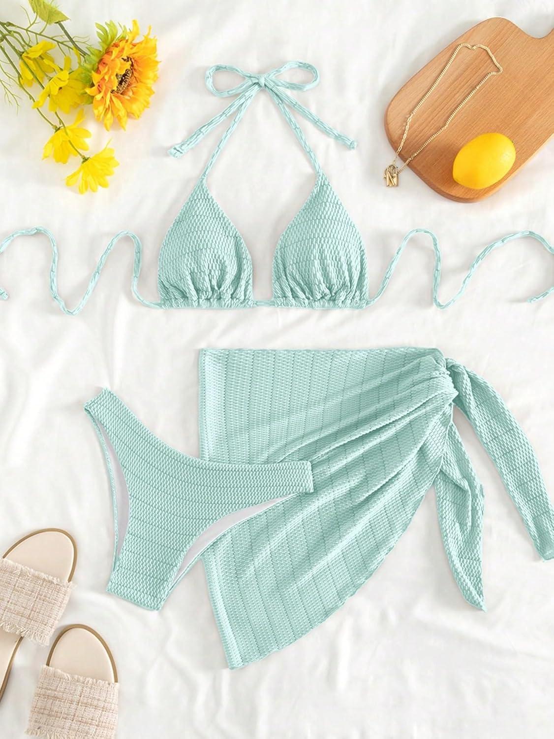 imageSHENHE Womens 3 Piece Textured High Cut Halter Triangle Bikini Swimsuit with Cover UpMint Green
