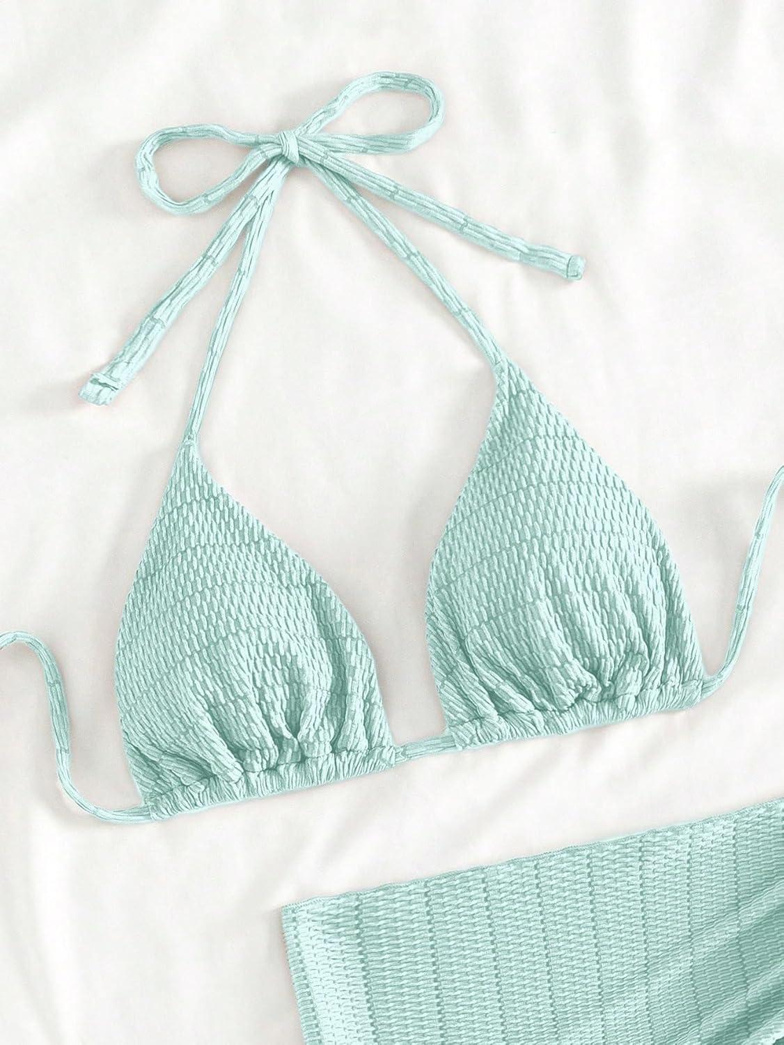 imageSHENHE Womens 3 Piece Textured High Cut Halter Triangle Bikini Swimsuit with Cover UpMint Green
