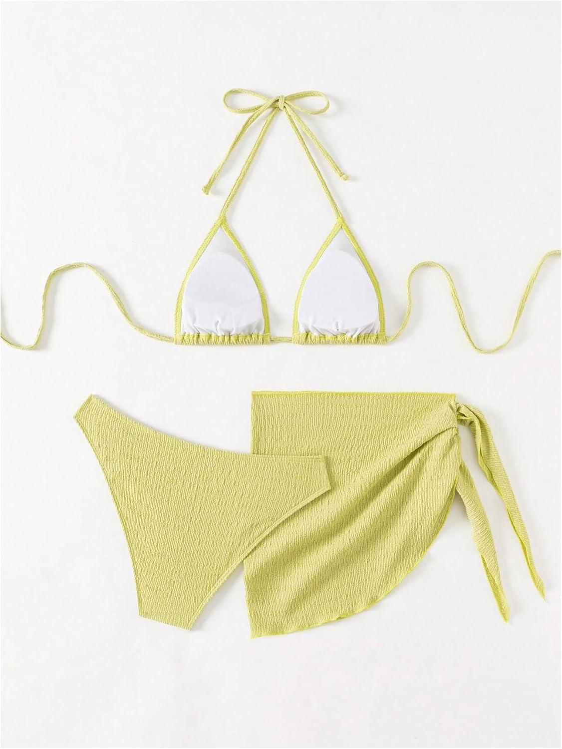 imageSHENHE Womens 3 Piece Textured High Cut Halter Triangle Bikini Swimsuit with Cover UpOlive Green