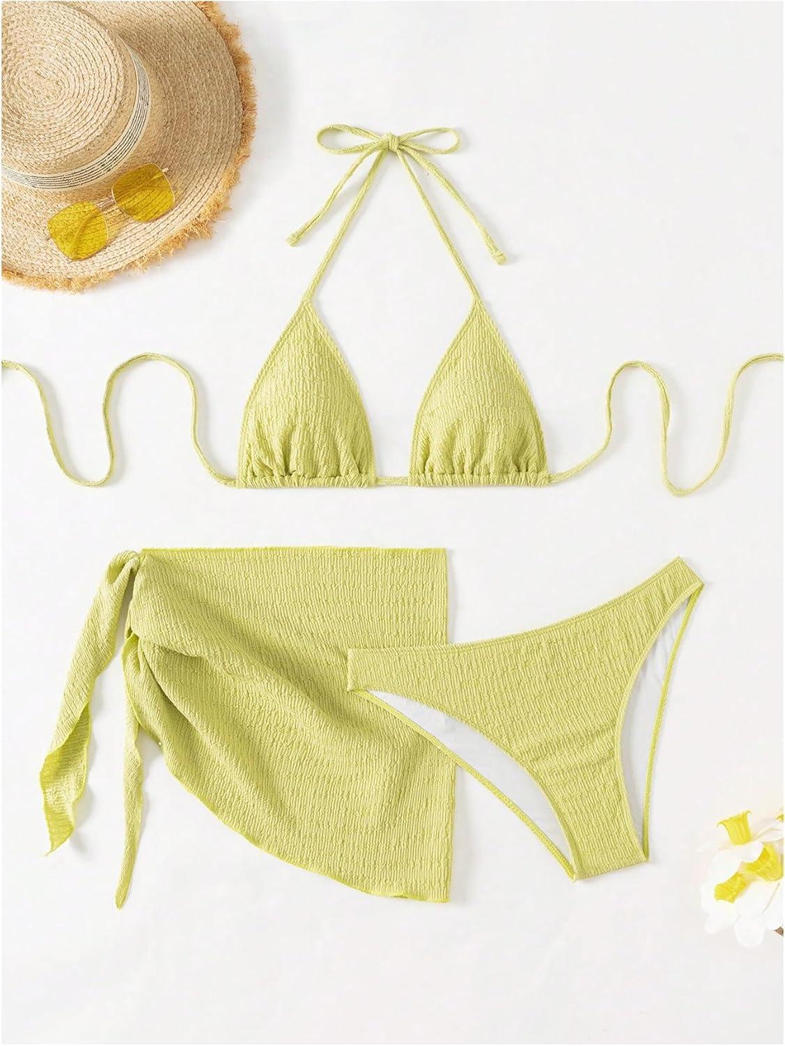imageSHENHE Womens 3 Piece Textured High Cut Halter Triangle Bikini Swimsuit with Cover UpOlive Green